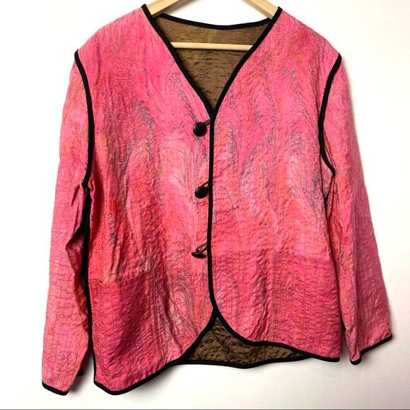 Quilted Silk Jacket Vintage Pink Orange Medium Reversible - Picture 1 of 9
